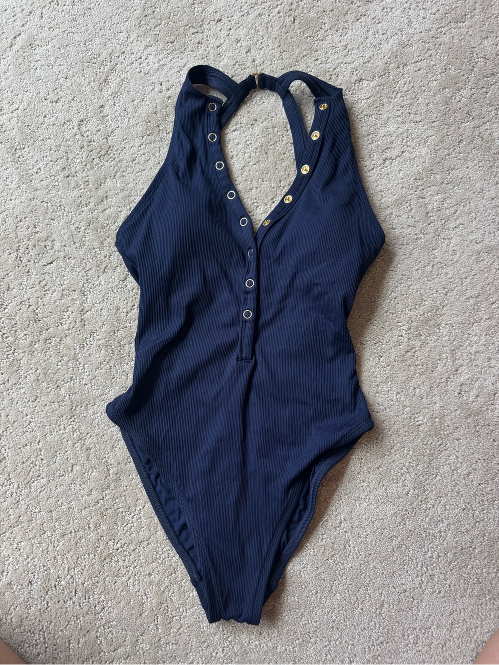 Robin Piccone Navy Ribbed Snap-Front One-Piece Swimsuit
